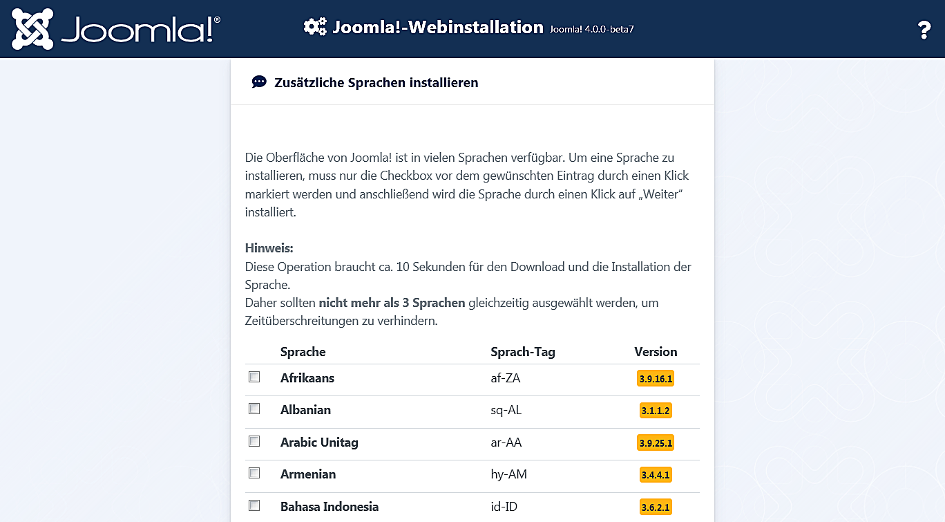 Joomla! 4.x Installation Schritt zusätzliche Sprachen installieren